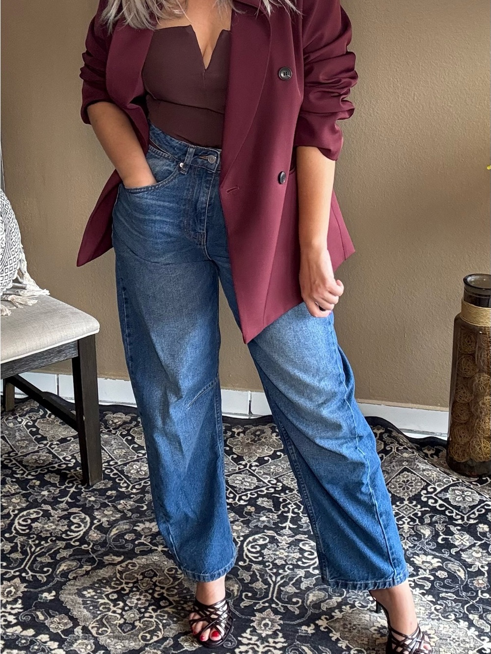 Burgundy Double-Breasted Blazer
